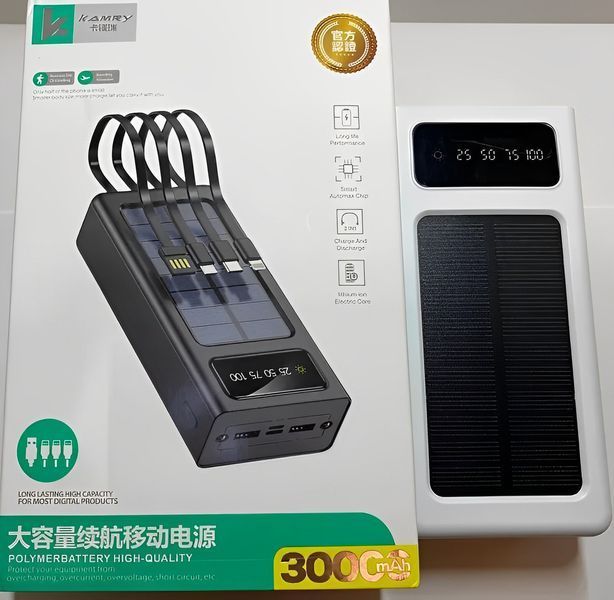 Power Bank Kamry 30000 mAh K-300 із сонячною панеллю та дротами 1757715948 фото