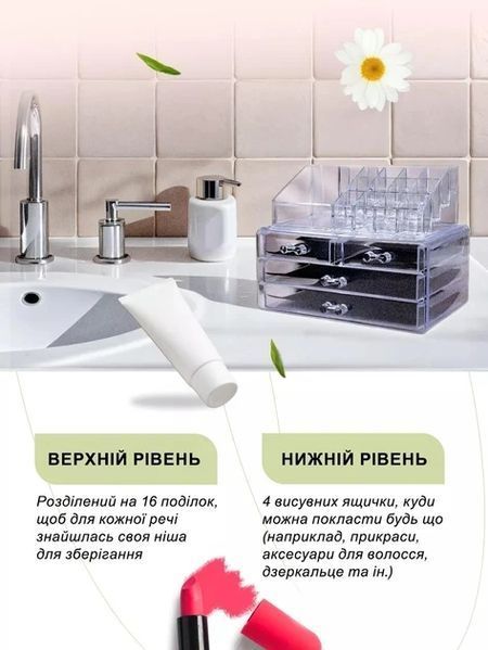 Органайзер підставка для косметики, канцелярії та рукоділля на 20 відділень настільний з 4 шухлядами Прозорий 2578219201 фото