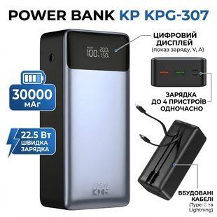 Повербанк&nbsp;30000 mAh з вбудованими кабелями Type-C і Lightning&nbsp;KP KPG-307 22.5W 2955636105 фото