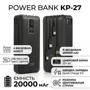 Power Bank з електронним екраном із набором кабелів KP KP-27 20000 mAh Зовнішній акумулятор для заряджання 2955705239 фото
