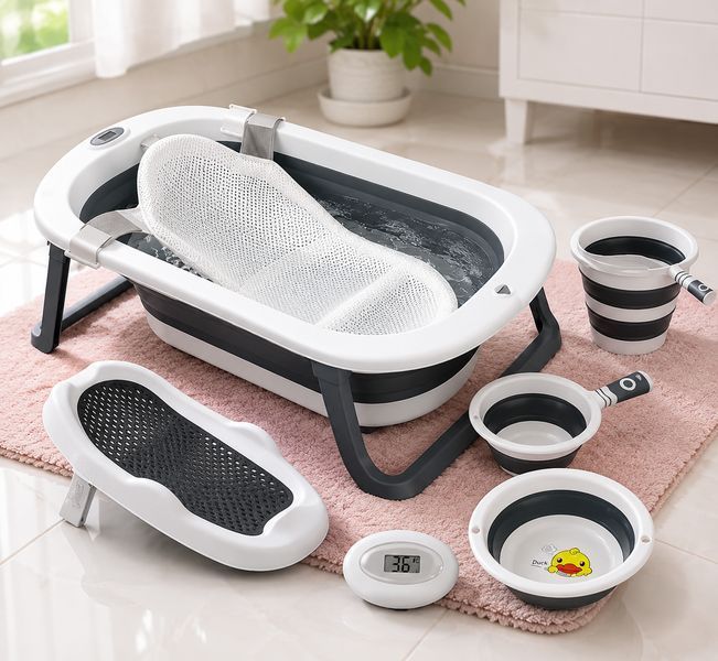 Дитячий набір для купання PopyPapa Baby 5-в-1 | Складана дитяча ванночка зі стійкою | Сидіння для купання новонароджених 3093748937 фото