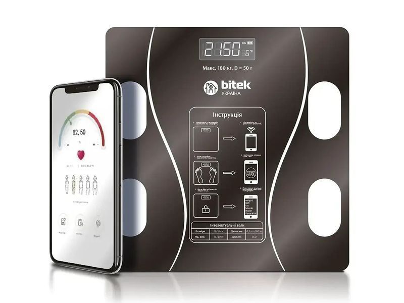 Ваги електронні побутові підлогові 180 кг скляні квадратні LED-екран App BITEK BT-1605 2996435452 фото