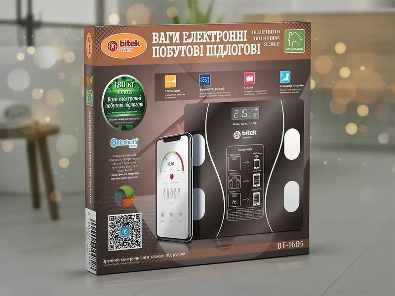 Ваги електронні побутові підлогові 180 кг скляні квадратні LED-екран App BITEK BT-1605 2996435452 фото