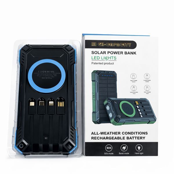 Потужний туристичний Power Bank 50000 mAh із сонячною батареєю, бездротовою зарядкою і 4 вбудованими кабелями (Fast Charge 22.5W) 2928040450 фото