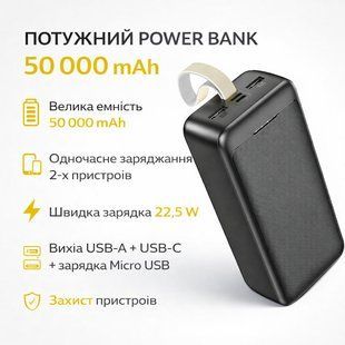 Повербанк Awei J111B 50000 mAh, 22.5W &mdash; портативний зовнішній акумулятор з швидкою зарядкою, 3 виходи, Li-Pol, чорний 2872735383 фото