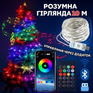 Світлодіодна RGB 10м гірлянда на ялинку або новорічного декору в будинку або на вулицю водонепроникна IP65 з керуванням SMART 2831264837 фото