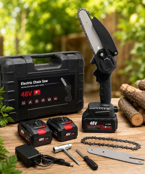 Акумуляторна ланцюгова мініпилка Electric Chain Saw 48 V 8" дюймів 20 см з 2 акумуляторами для обрізання гілок дерев у кейсі 3043550877 фото