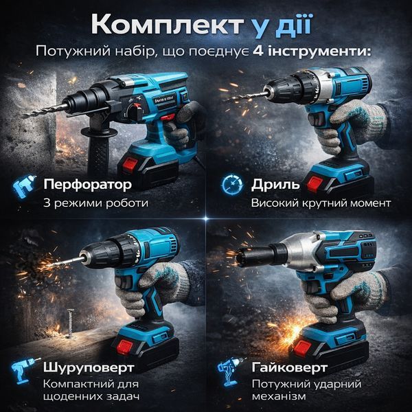Універсальний акумуляторний набір інструментів 4в1: гайковерт + дриль + шуруповерт + реверсивна тріскачка, 48V, 2 акумулятора 2887386290 фото