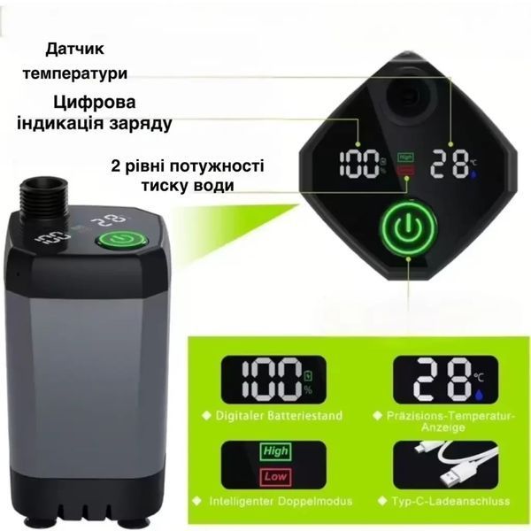 Портативний душ з насосом електричний 9000mAh польовий Lixada Похідний переносний душ для туризму та дому 2692791331 фото