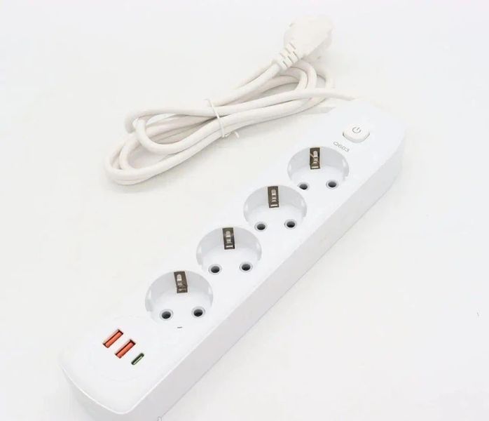 Подовжувач на 4 розетки +2USB, Type-c, 2 м, Q603 Білий / Мережевий подовжувач/переноска розетка / Мережевий фільтр 2483395560 фото