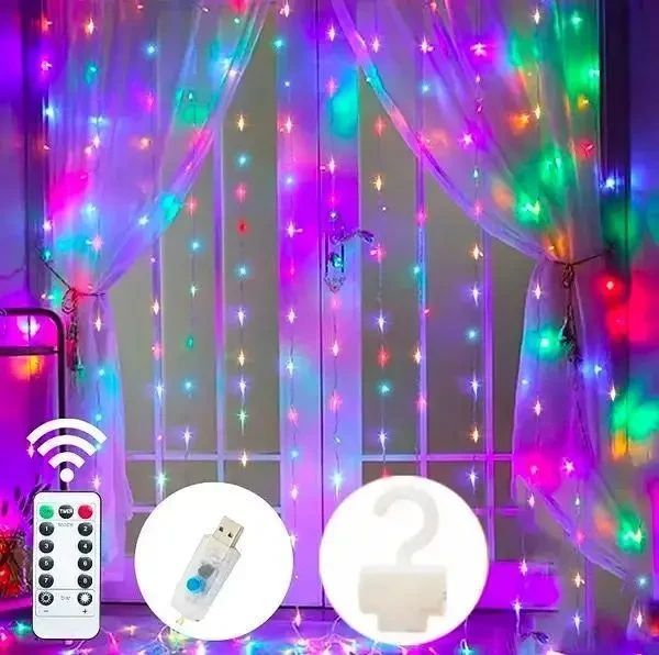 Світлодіодна гірлянда штора з пультом мультик 3х2 м від мережі 200 LED кімнатна гірлянда завіса на вікно 2030678339 фото