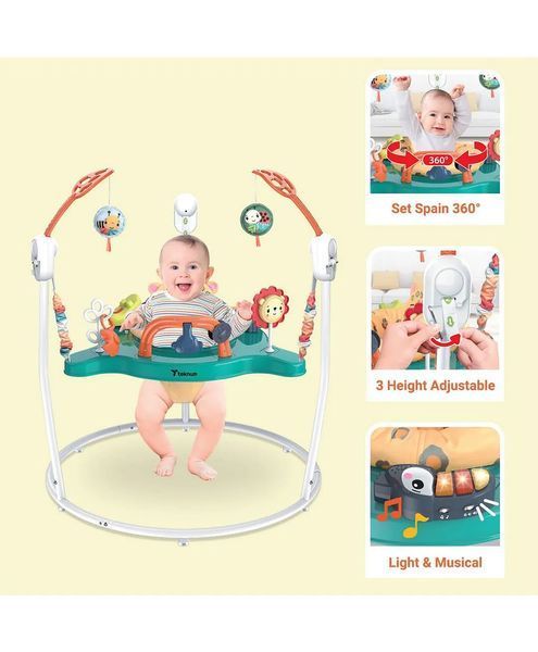 Дитячий ігровий центр-стрибунець Jumperoo: інтерактивний музичний центр 360&deg; з регулюванням висоти та світловими ефектами Зелений 3011603471 фото
