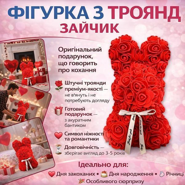 Подарунковий "Зайчик" із декоративних троянд і бантиком 17х17х25 см KR-21 Квітковий зайчик із 3D троянд 2906961355 фото