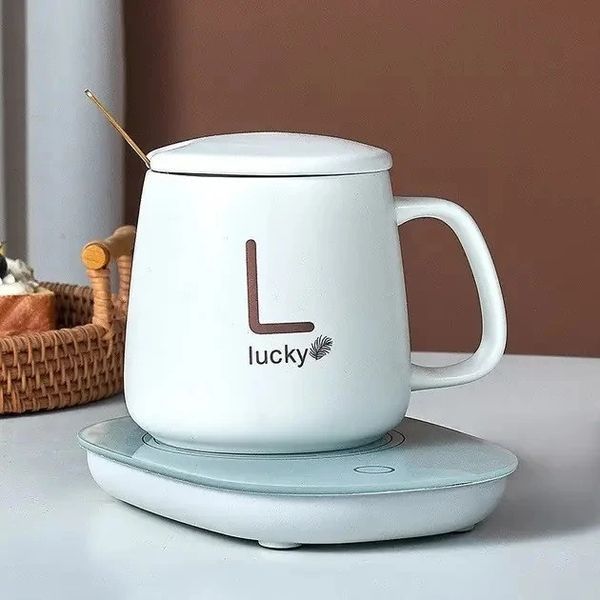 Чашка з підігрівом на підставці чашка керамічна з ложкою 400 мл Lucky White 2471549569 фото