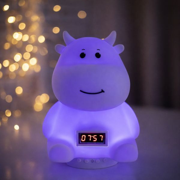 Дитячий акумуляторний нічник "Коровка" з м'яким LED-світлом, RGB-підсвіткою, вбудованою Bluetooth-колонкою й електронним годиннико 2894149785 фото