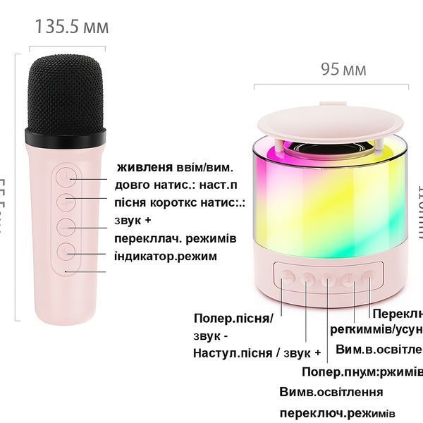 Портативна колонка K19 Bluetooth з LED-підсвіткою, 2 мікрофони, біла, караоке 2706289682 фото