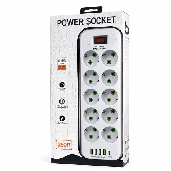 Мережевий подовжувач Power Socket D10 на 10 розеток з вимикачем, 4 USB і Type-C (PD), кабель 5 м, 2500 Вт, LED-індикатор 2926084359 фото