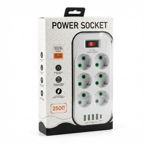 Мережевий подовжувач Power Socket D6 на 6 розеток з вимикачем і LED-індикатором, 4 USB і Type-C (PD), кабель 3 м, 2500 Вт 2926113425 фото