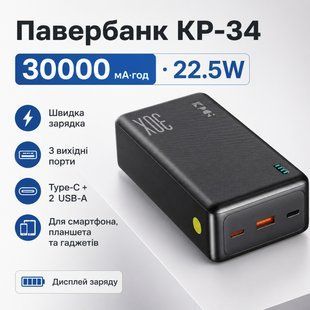 Універсальний павербанк King Power KP-34 30000 mAh 22.5W для смартфонів і гаджетів 3024879296 фото