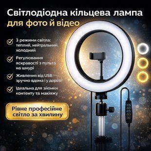 Кільцева LED-лампа 30 см QX-260 з тримачем для телефона, USB, регульованою яскравістю і колірною температурою 2900711734 фото
