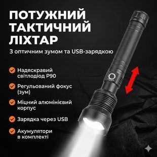 Потужний тактичний ліхтар BL X92 P90/акумуляторний ліхтар із зумом і USB-зарядкою 2900758122 фото